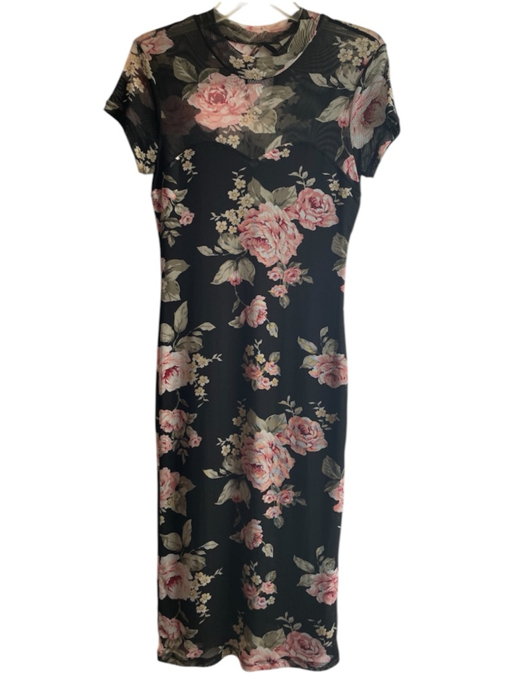 Almost Famous Floral Mesh Midi Dress L Sweetheart Neckline Sheer Lined 90s Style